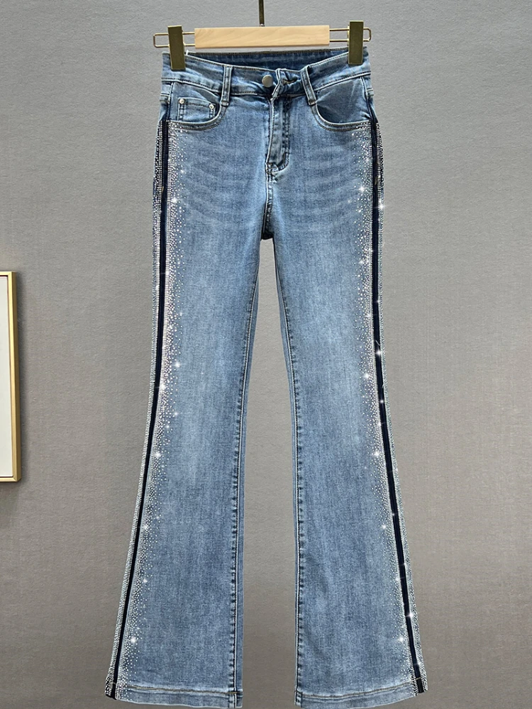 Rhinestone Jeans Women's Fashion Spring Clothing 2022 New Elastic High Waist Slim Bell-Bottom Pants Girls Lady Skinny Jeans