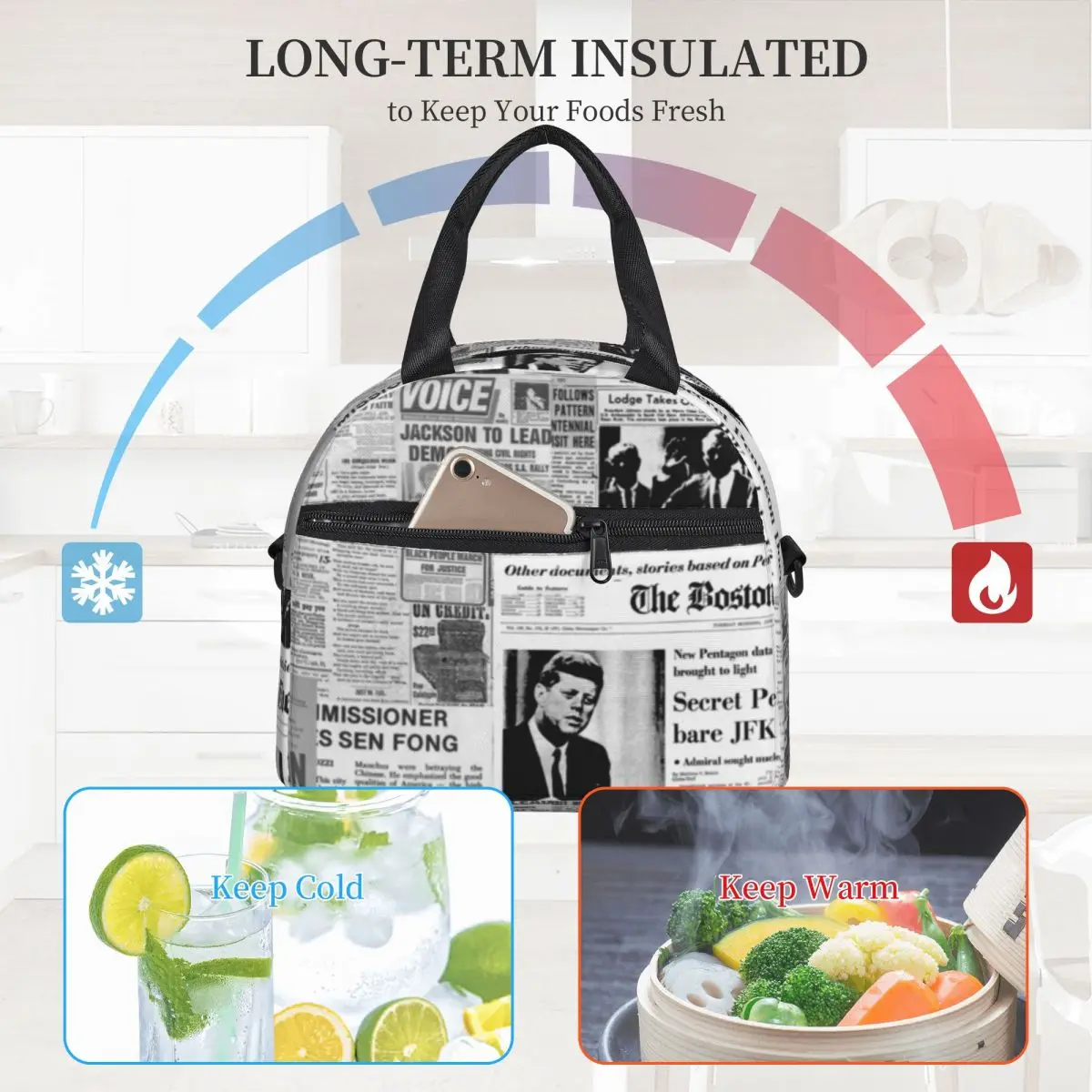 

Newspaper Collage Lunch Bag with Handle Old American Newspapers Refrigerator Cooler Bag Clutch Meal Reusable Thermal Bag