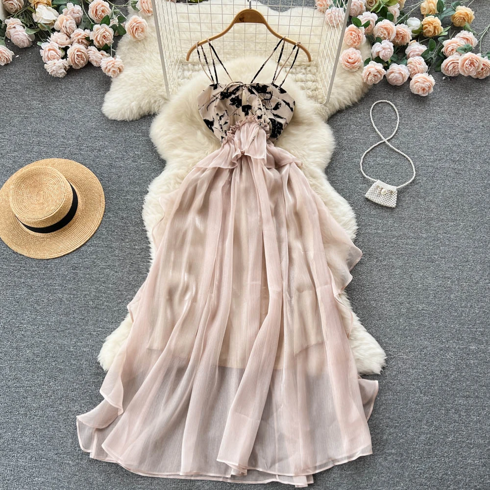 

Темперамент богиня Вентилятор Печать строчка высокого класса чувство холодного ветра талии тонкий фея платье