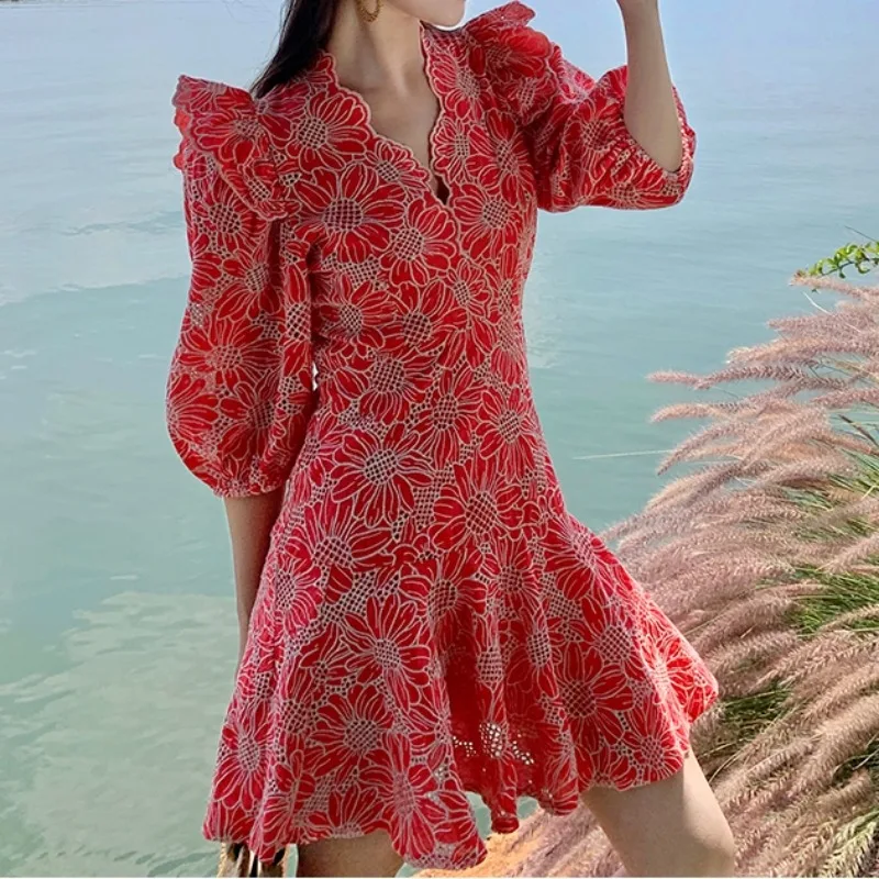 Ретро V-образный вырез-фонарь с короткими рукавами и вышитым принтом Элегантные