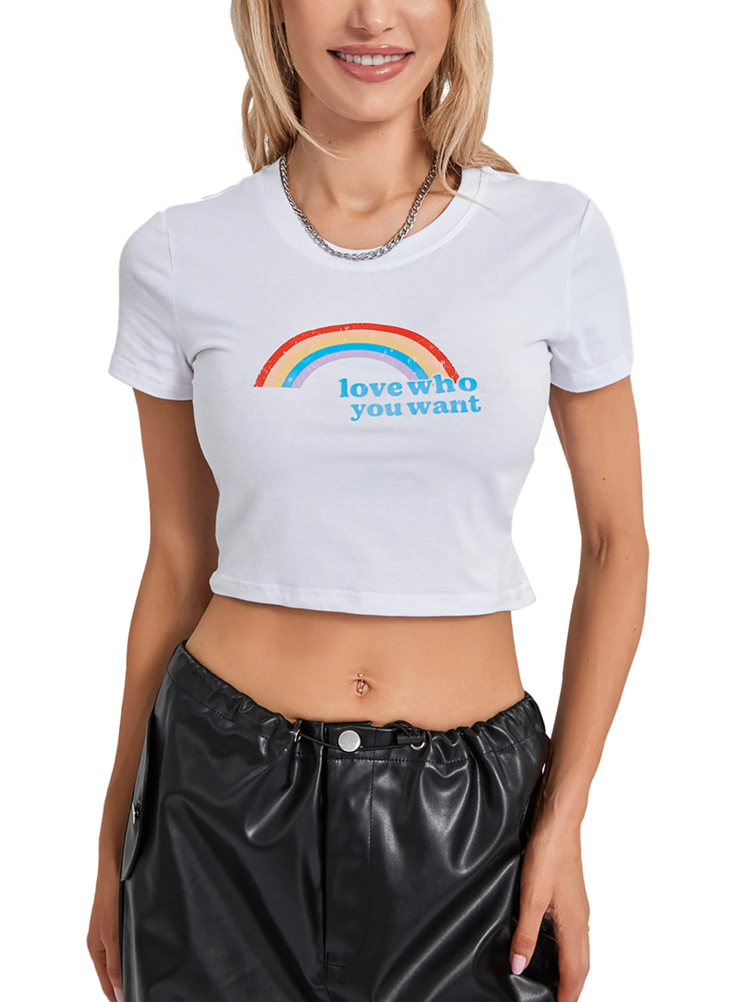 

Y2k Summer Women s Pride Month Rainbow T-shirt Short Sleeve Crew Neck Letter Print Crop Top for Ladies - Stylish Summer Tops