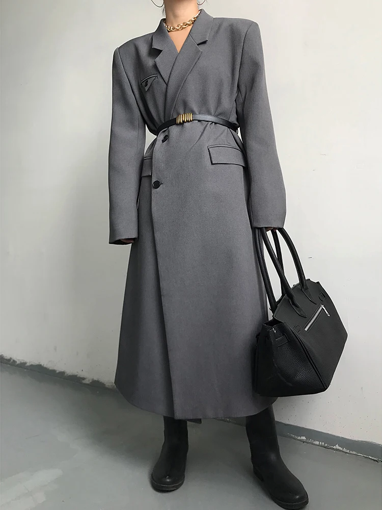 Модный Женский Тренч с отворотом свободное однобортное пальто длинным рукавом
