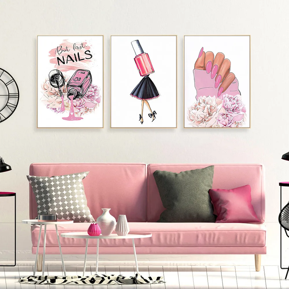 Розовый лак для ногтей холст настенное искусство аниме плакат милый дизайн