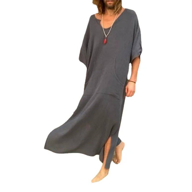 Muslim Southeast Asia New Men's Loose Solid Color V-neck Robe Men's Ethnic Style Middle East Robe Arabic Jubba Thobe