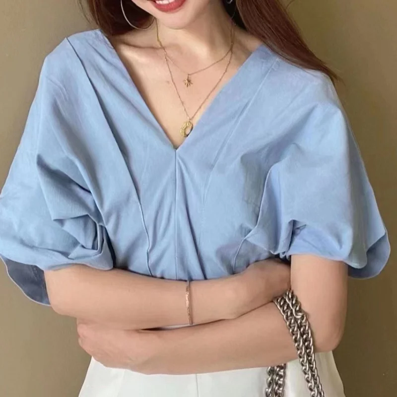 

Blusas Korean Summer V-neck Shirt Ruffle Design Short Sleeve Sweet Tops for Women Casual Blouse Fashion Women Shirt Lady 27934
