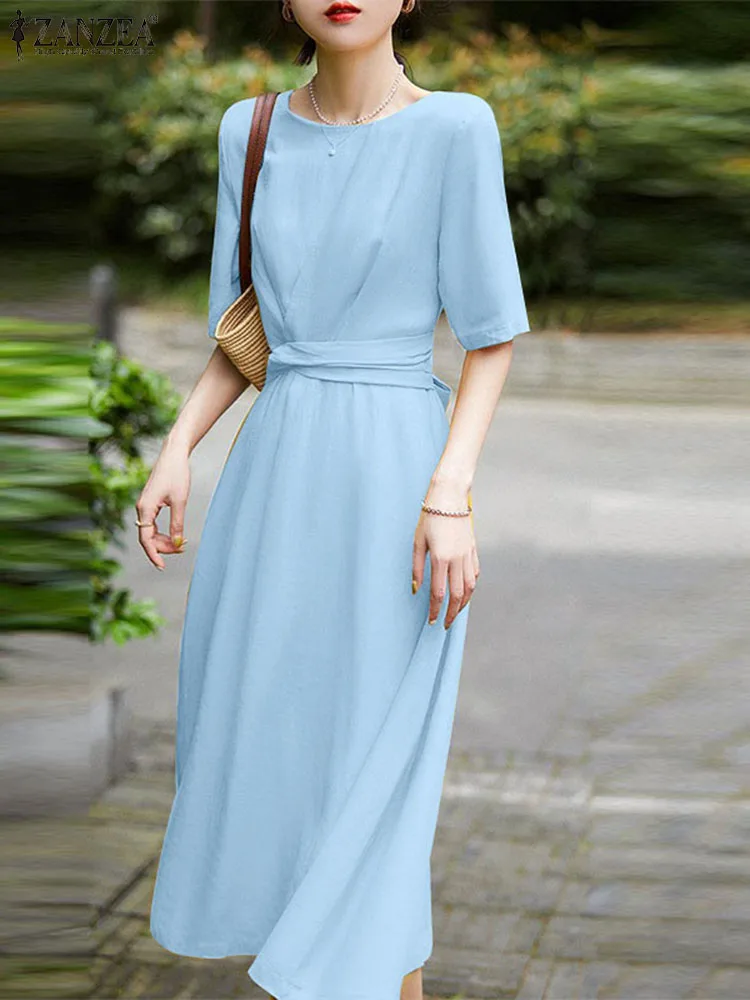 

ZANZEA Round Neck Solid Color Vestidos Holiday Bandage Waisted Fashion Oversize Robes Vintage Short Sleeve Women Midi Dresses