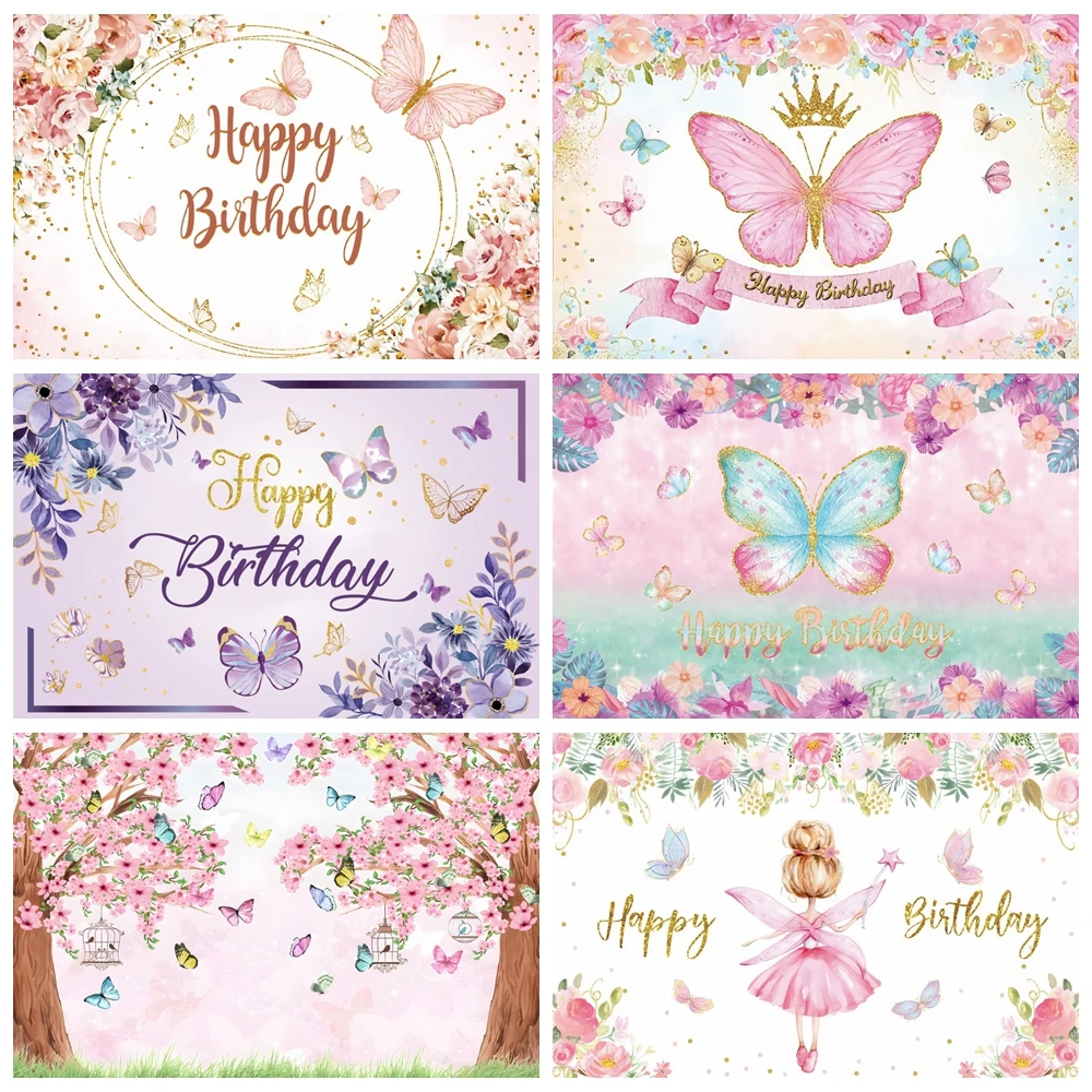 Cartoon Butterfly Backdrop Photography Girl Birthday Party Flower Gold Dots Poster Baby Shower Photo Background For Photo Studio