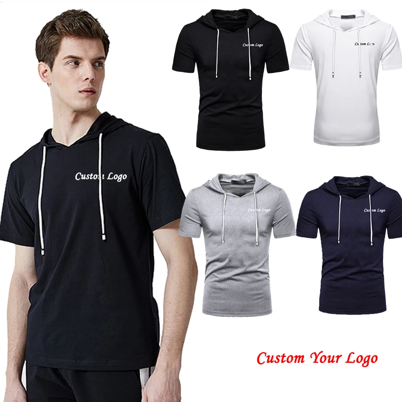 

Мужская толстовка с коротким рукавом и логотипом на заказ, однотонные свободные топы с капюшоном, футболка, мужская спортивная толстовка, т...