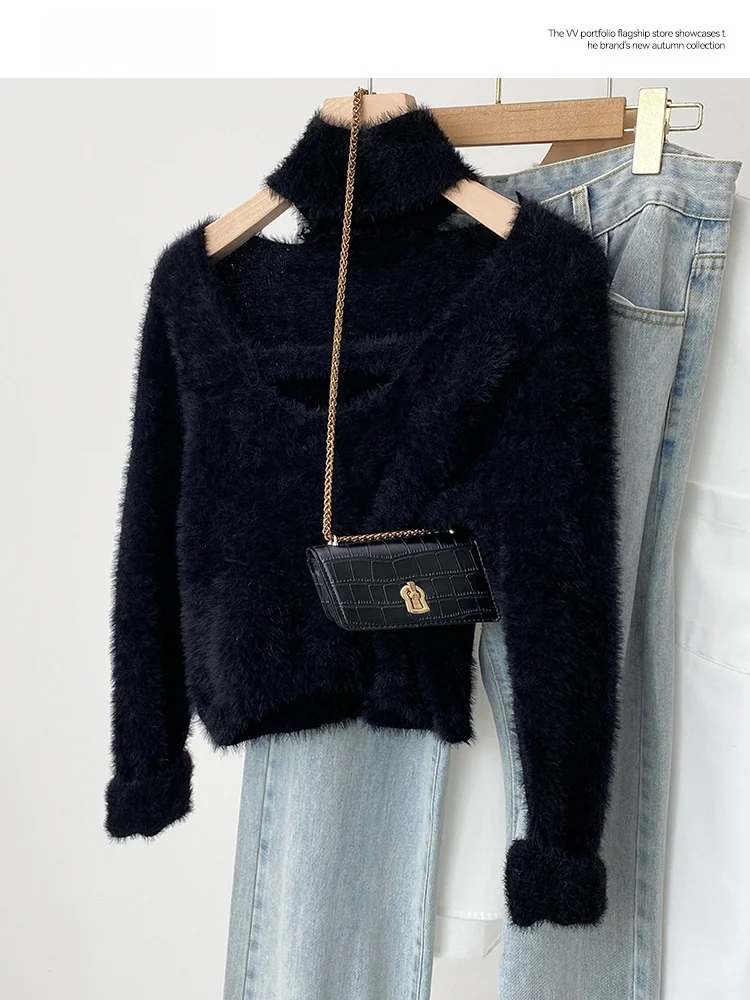 Sea Hair French sle Hanging Neck Inner wear Knit Long sleeve Women Autumn and Winter Bottoming Shirt Pure ... |