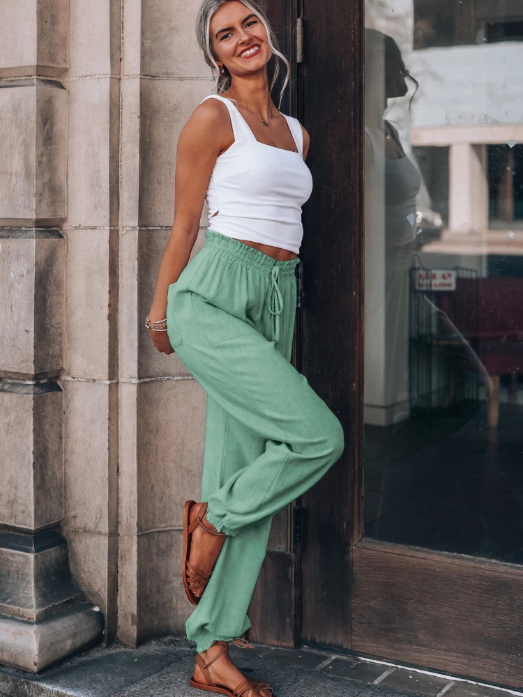 

Spring Summer Women Sweat Pants Solid Color Rayon Comfortable Casual Trousers Fashion Drawstring Yoga Elastic Waist Harem Pants