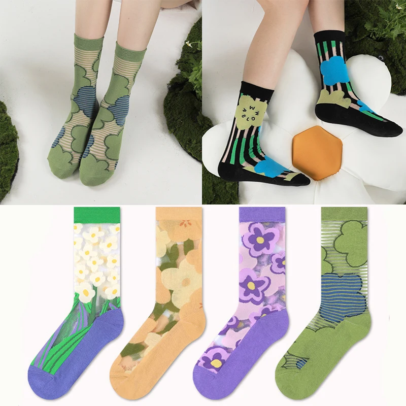 

3 Pairs Harajuku Summer Thin Transparent Crystal Silk Socks Funny Animal Cat Rabbit Frog Pattern Design Personality Women Socks