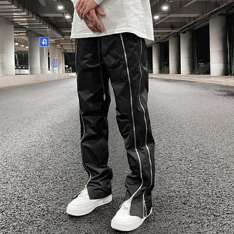

Стильные мужские брюки с завязкой спереди Harajuku Vibe высокие карго на молнии повседневные свободные прямые двойные уличные брюки уличная одеж...