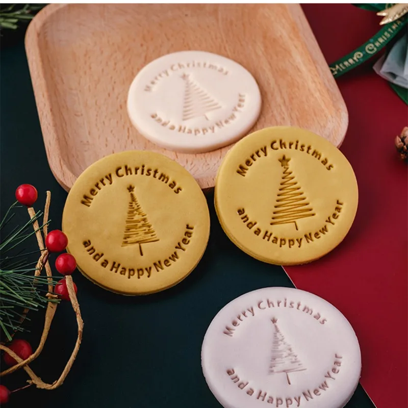 

Merry Christmas Cookies Cutters Embossing Acrylic Round Xmas Tree Shapes Fondant Biscuit Press Stamp Mold Cake Decorating Tools