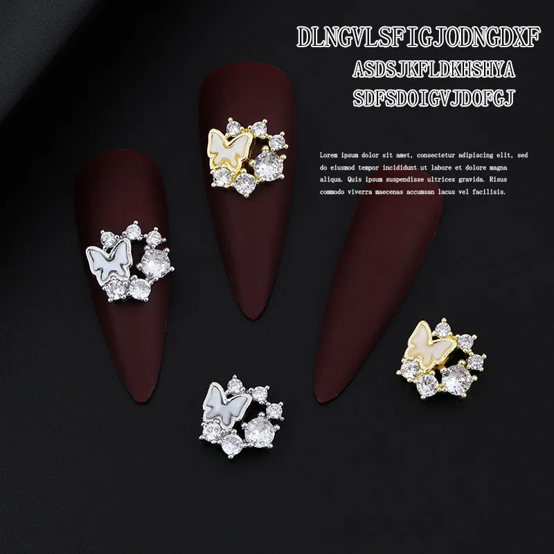 

2pcs New 3D Nail Enhancement Butterfly Micro Inlaid Zircon Texture Butterfly Flower Ring Metal Fritillaria Diamond Decoration