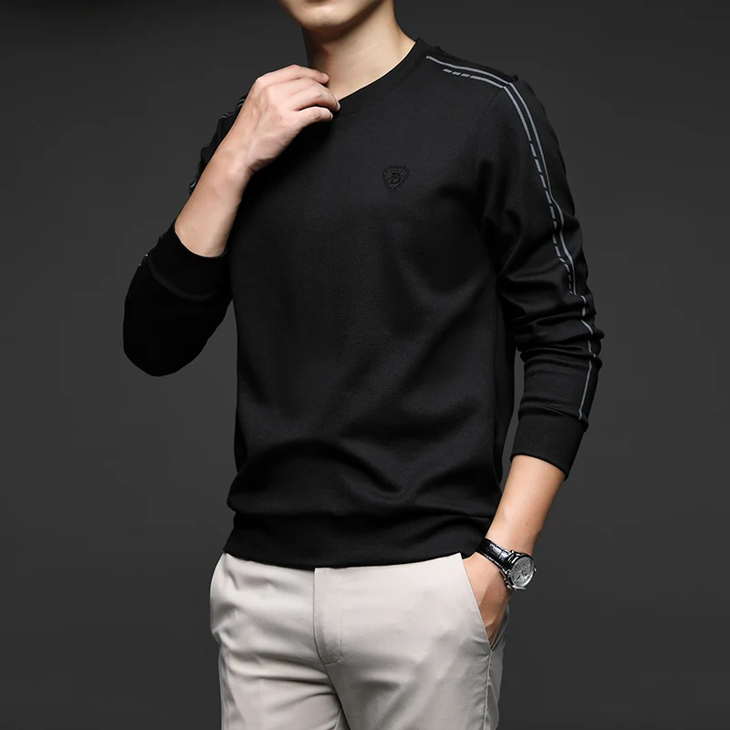 

Men's Long-Sleeved T-shirt Autumn and Winter High-End round Neck Trend Fashionable Warm Bottoming Shirt Striped Sweater Men