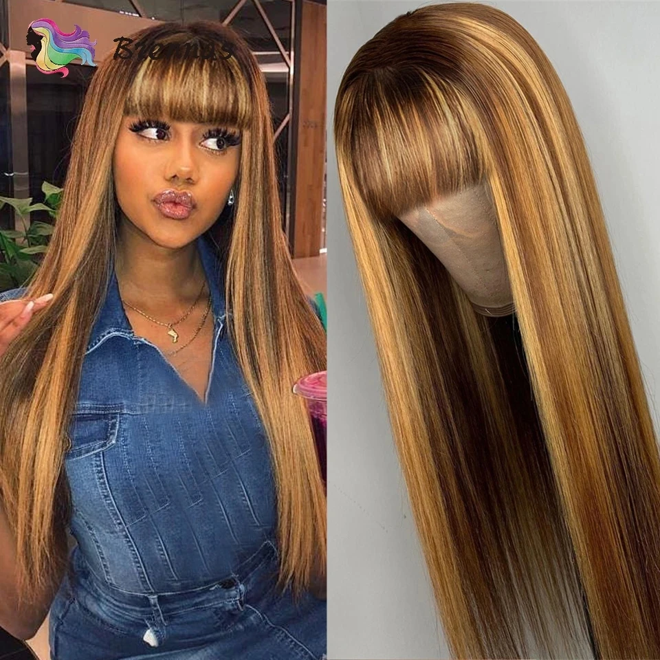 Ombre Straight Human Hair Wig Peruvian Honey Blonde Highlight Straight Wig With Bangs Glueless Machine Made Wigs For Black Women