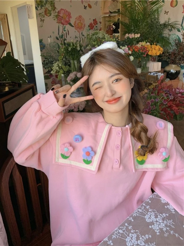 Deeptown Korean Fashion Pink Hoodies Women Harajuku Kawaii Floral Patchwork Sweatshirt Sweet Girl Plus Size Casual Pullover Tops