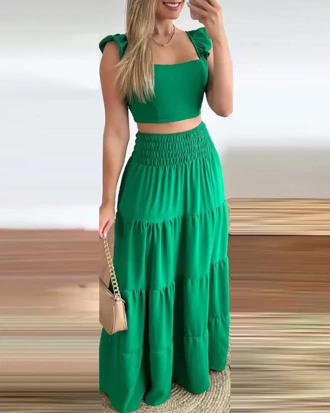 

Tow Piece Set for Women Outfit 2023 Summer Fashion Vacation Tied Detail Ruffle Hem Sexy Crop Top & Casual Shirred Maxi Skirt Set
