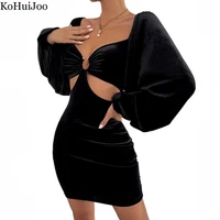 kohuijoo sexy club dress for woman 2022 long sleeve hollow out slim short pencil dresses puff sleeve ladies velvet dress black