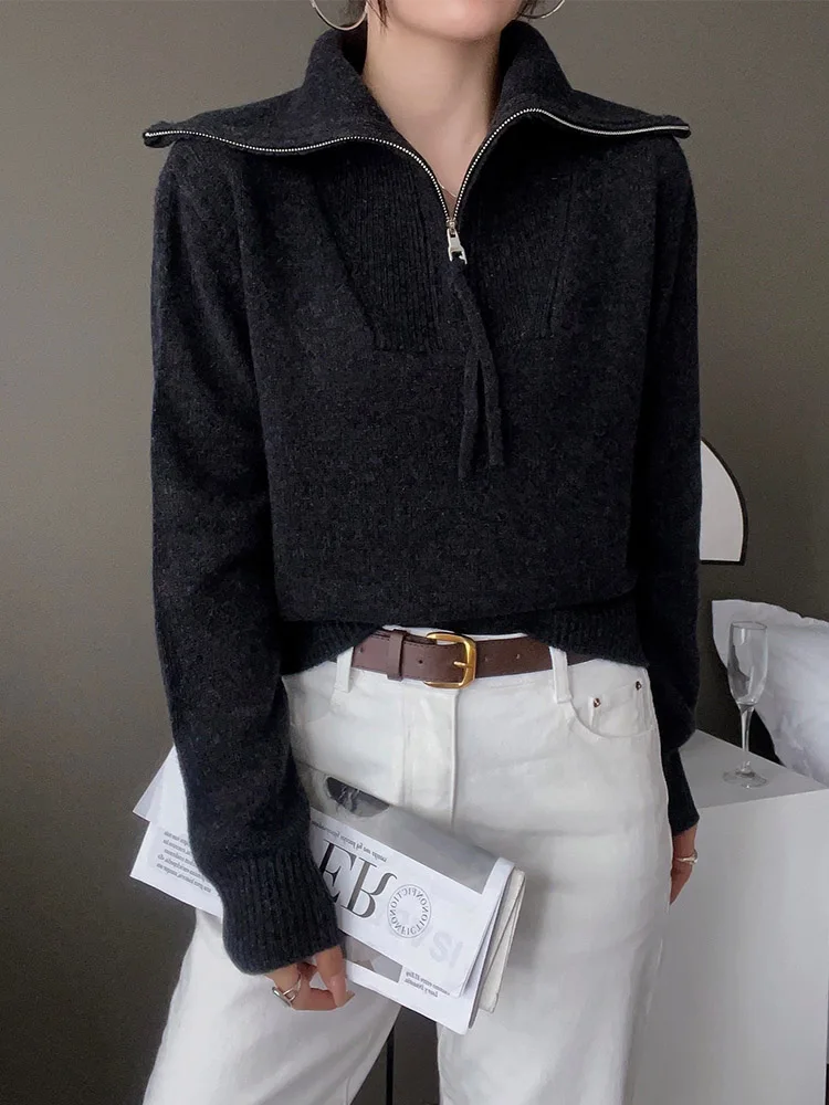 Пуловер женский из 100% мериносовой шерсти на молнии с отложным воротником