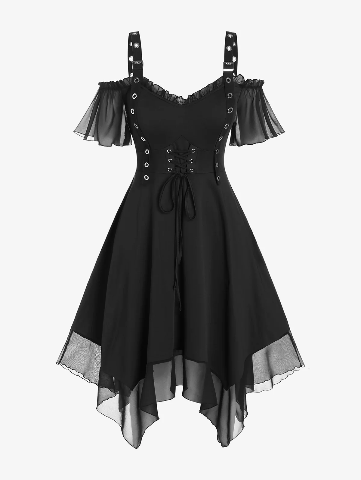 

Gothic Grommet Lace Up Mini Dress Summer S-5XL Black High Waist Cold Shoulder Mesh Handkerchief A-Line Ruffles Dresses