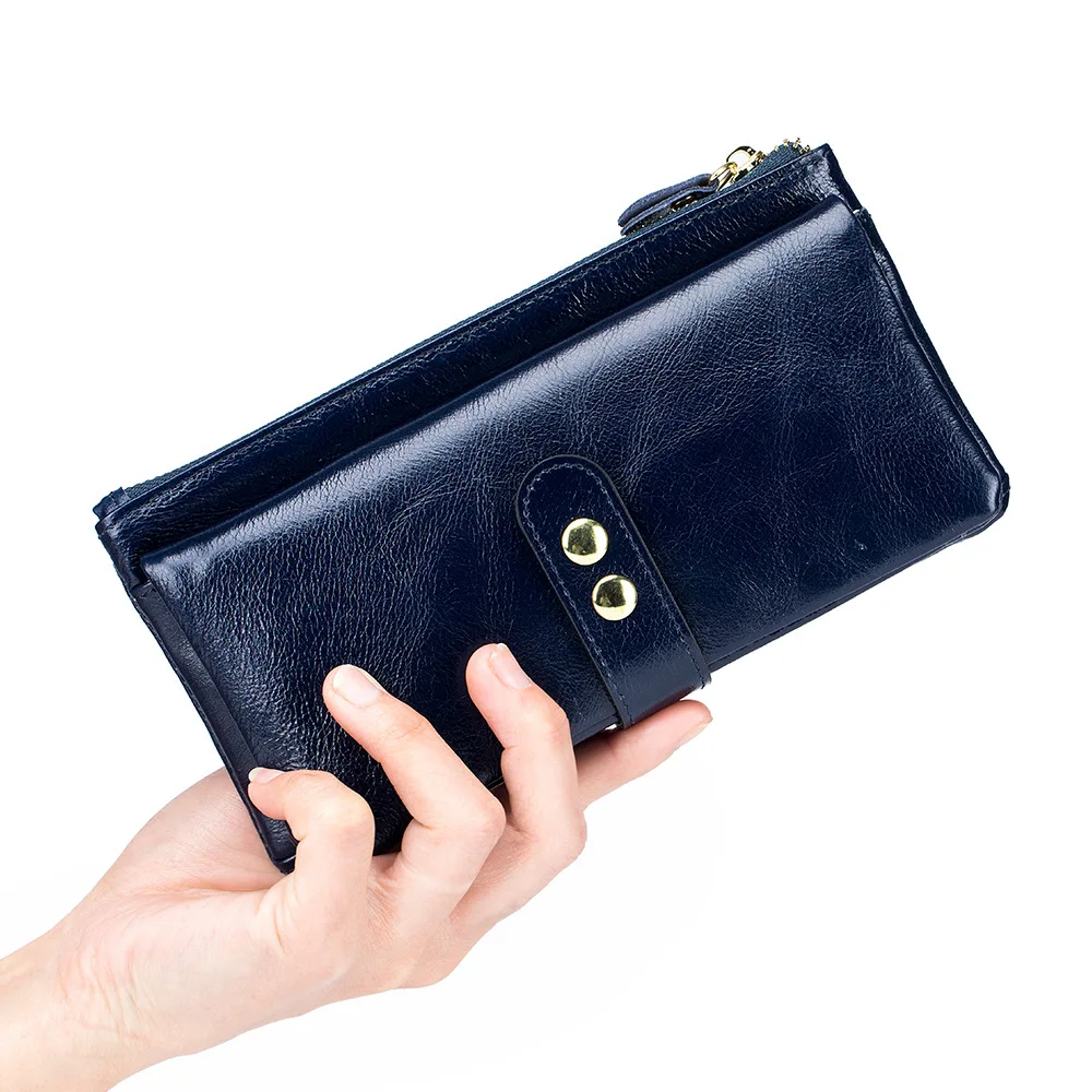 Multifunction Genuine Leather Women Wallet Long Lady Leather Purse Brand Design Luxury Oil Wax Leather Female Wallet Coin Purse