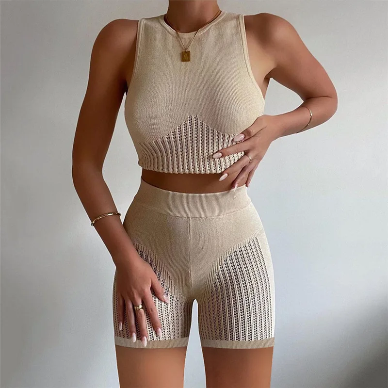

European-American Summer Women's Sexy Perspective Knitted Sleeveless Vest High Waist Buttocks Showing Thin Shorts Set