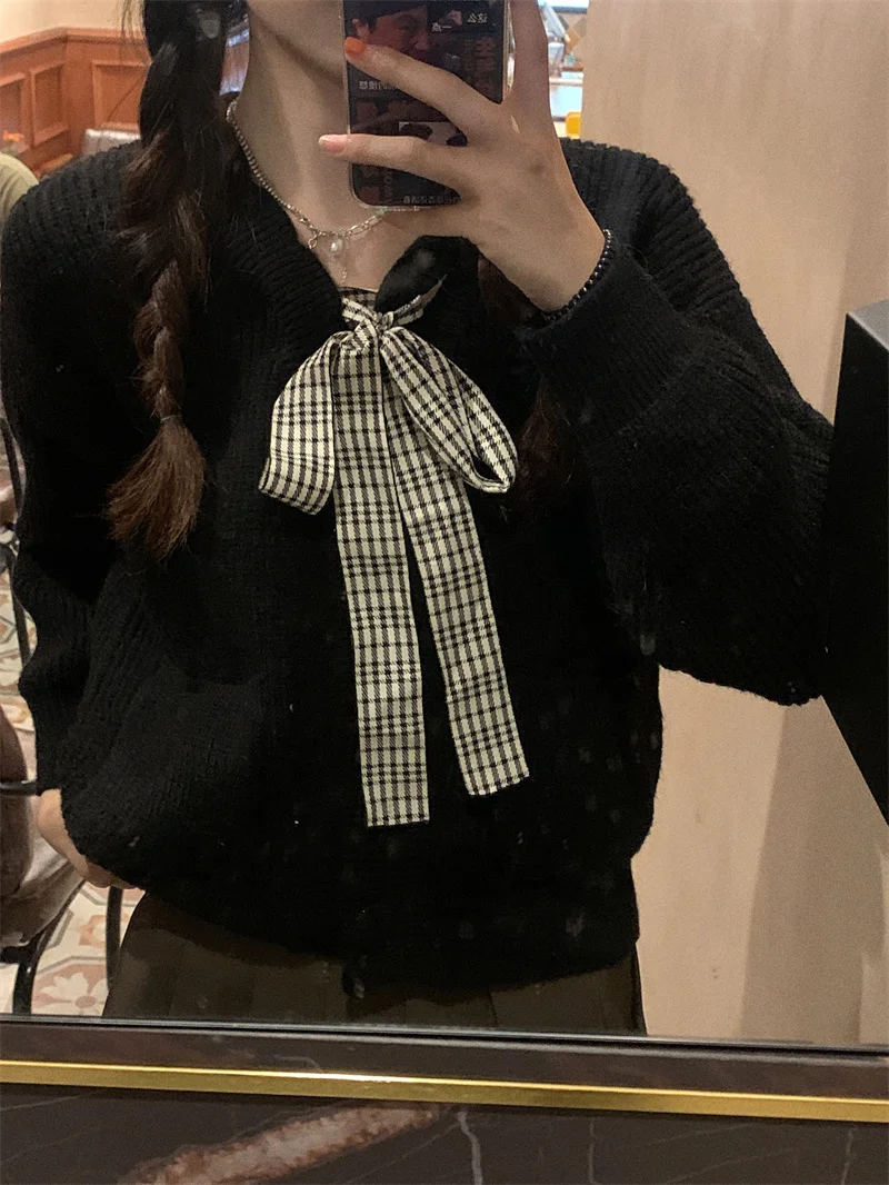 Pphome Нежный свитер на шнуровке с бантом вязаный кардиган женский осенний милый