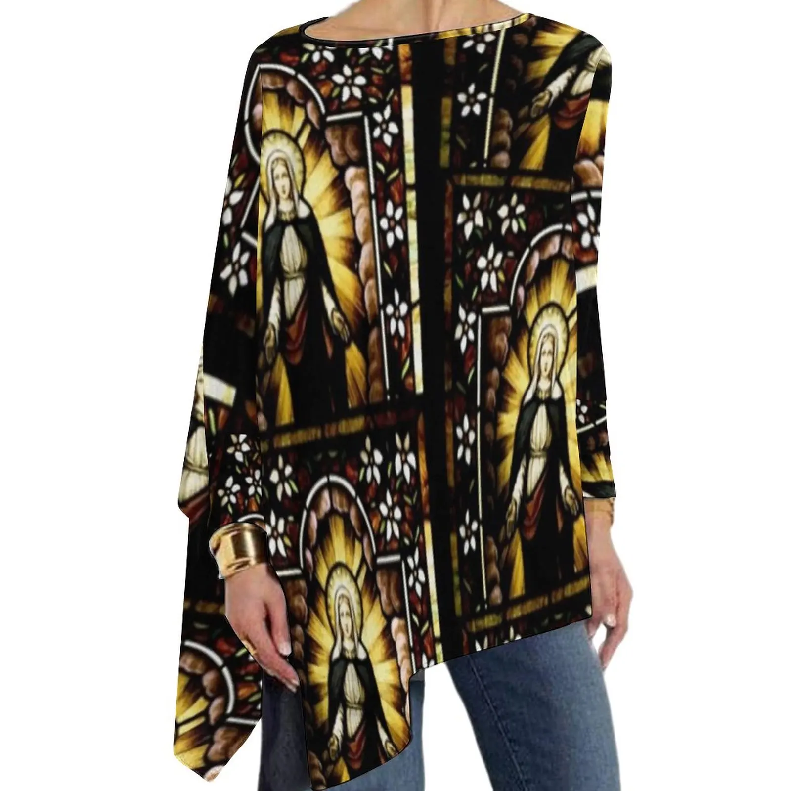 

Blessed Virgin Mary T Shirt of Stars Y2K Long Sleeve T Shirts Street Fashion Oversized Tees Female Print Tops Birthday Gift