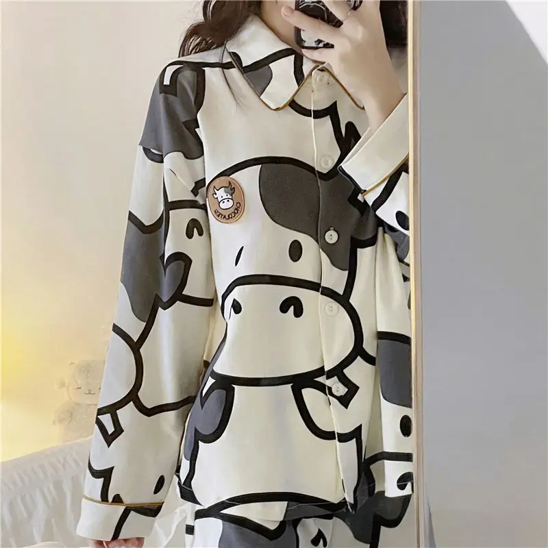 

Cow Print Women's Pajamas Home Clothes Cute Autumn Winter Pyjama Pour Femme Kawaii Sleepwear Pijamas Nightie
