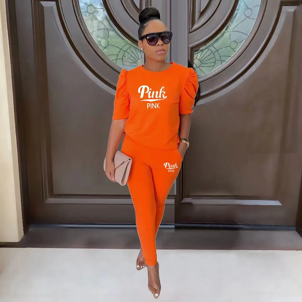 

Women Two Piece Set 2022 Summer Pink Letter Print Tracksuits Plus Size T-Shirt Top And Pants Set Suits Casual Bodcon 2 Piece Set