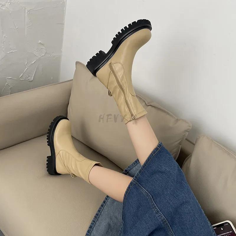 Ladies 2023 Women's Platform Chelsea  Black Martens Mid Calf Boots Pipe Autumn Winter Flat Short Leather Rubber Comfortable