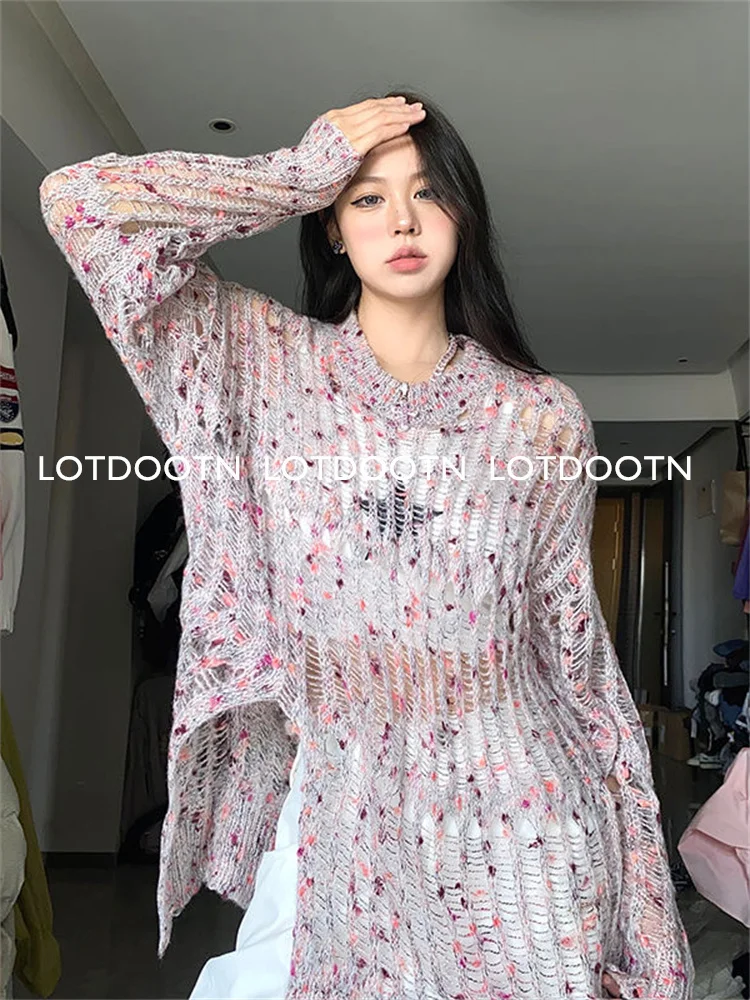 

LOTDOOTN Pink Gothic Long Sweaters Women Ripped Holes Loose Knitted Pullover Frayed Fairy Grunge Jumpers Y2K Thin Streetwear Top