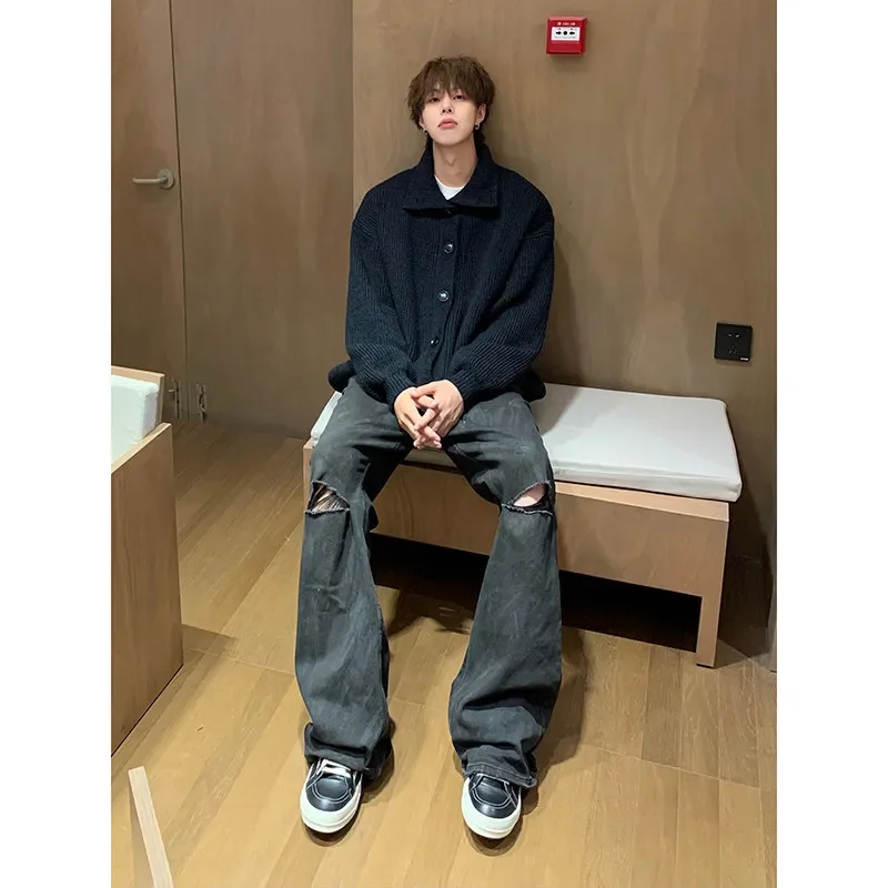 Повседневный винтажный вязаный Топ мужской пуловер с лацканами свитер полуполо