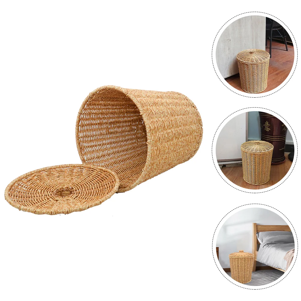 

Rattan Waste Bin Trash Can Lid Plastic Clothes Hamper Household Sundries Organizer Basket