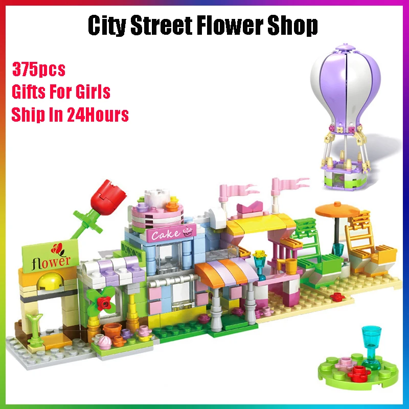 

375pcs Girl Modern Street Scene Combination Building Blocks Florist Cake Shop Cold Drink Shop Hot Air Ballon Bricks Set For Kids