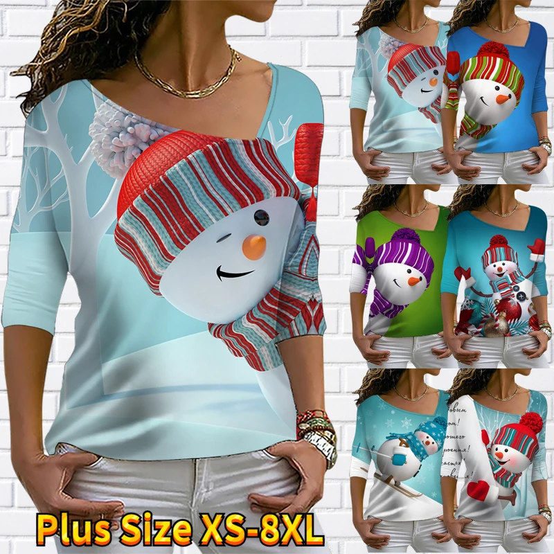 

2022 New Autumn Winter Fashion Casual Blouse Snowman Printing Long Sleeve Sexy Pullover Tee Shirt Women V-neck Christmas T-shirt