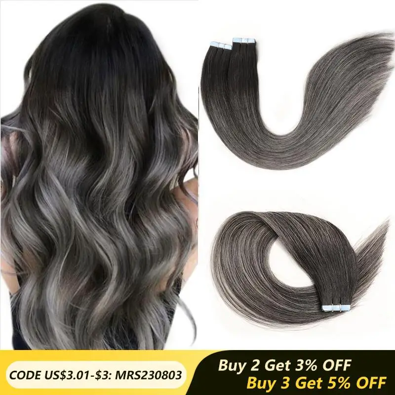 

MRS HAIR Balayage Ombre Tape In Extensions Silver Ash Blonde Black #1B Tape Extensions Human Hair NonRemy 20inch 50cm 2.5g/pc