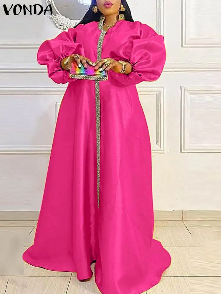 

VONDA женское сексуальное платье с длинным рукавом-фонариком 2023 осеннее атласное лоскутное Макси Сарафан повседневное свободное платье большого размера с V-образным вырезом