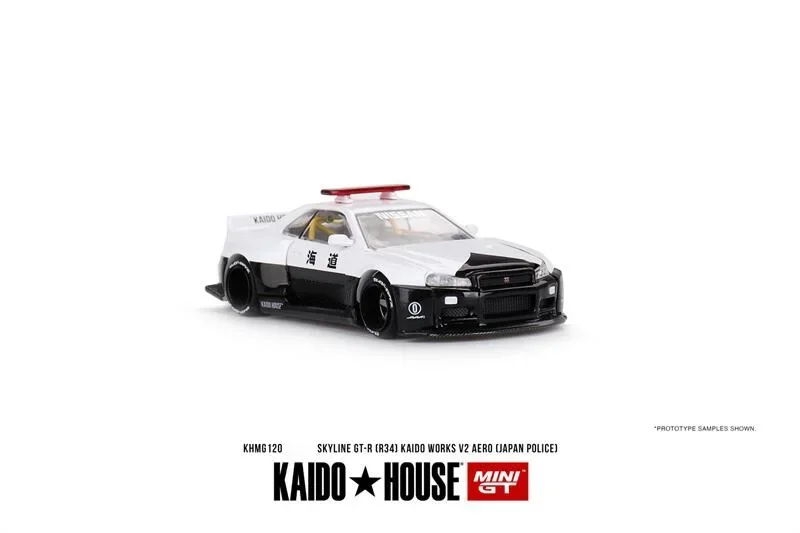 Kaido House x MINI GT 1:64 Skyline GT-R R34 Works (V2 Aero) Полицейская модель автомобиля под давлением