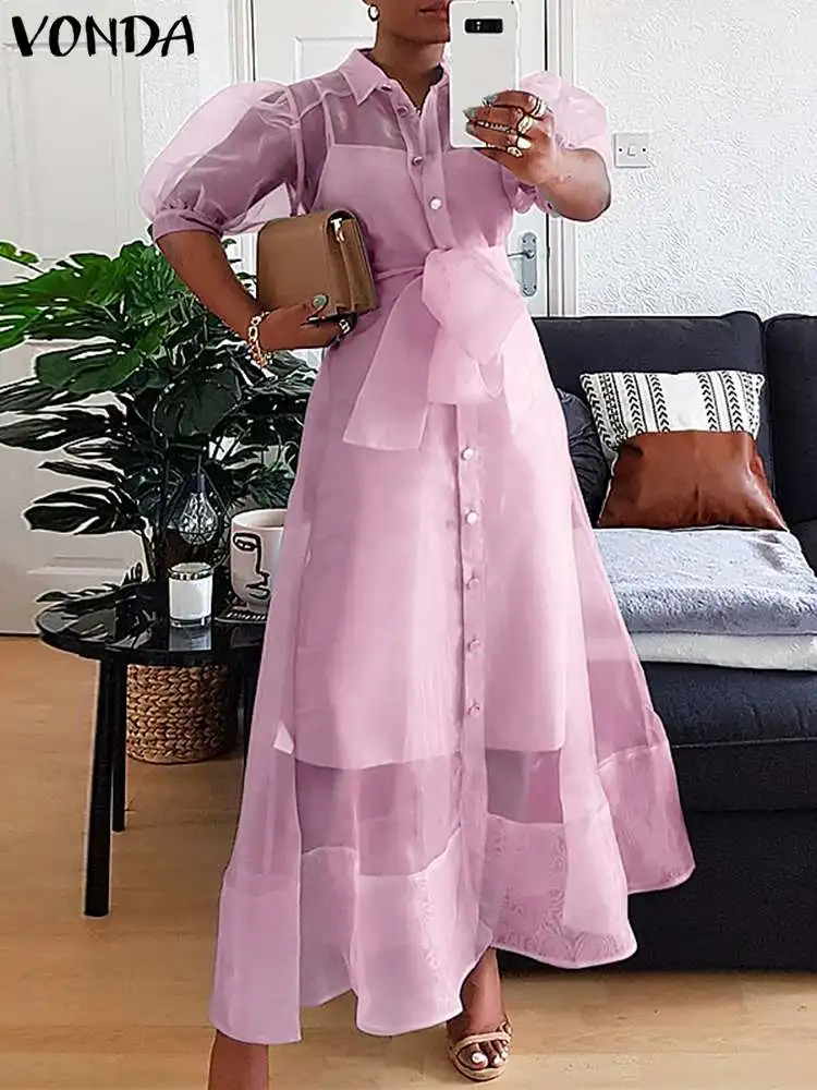 

Plus Size 5XL VONDA 2023 Summer Long Dress Women Bohemian Short Puff Sleeve Pleated Casual Button Bow Party Lace Maxi Sundress