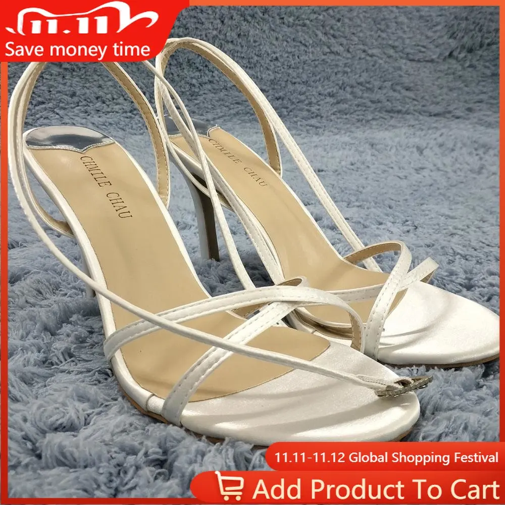 

Women Stiletto Thin High Heel Sandal Sexy Ankle Strap Open Toe Ivory Satin Wedding Party Bridals Ball Lady Shoe 158-a