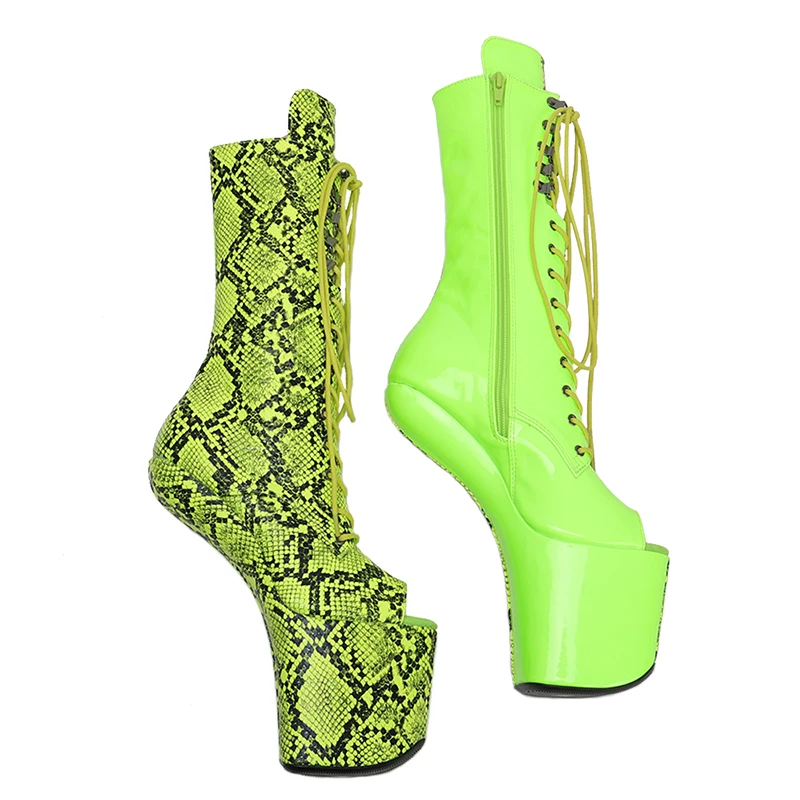Leecabe Green Snake PU Upper Platform Open Toe  Boots Sexy Exotic heelless pole dance shoes