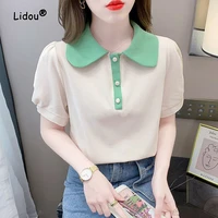 t shirts button casual turn down collar short sleeve patchwork womens clothing summer korean all match trend popularity leisure