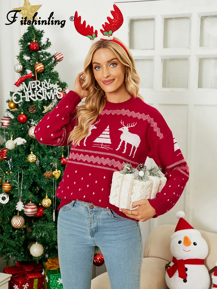 

Fitshinling Ugly Elk Christmas Sweater Women Clothing Fashion 2022 New Year Xmas Pullover Knit Tops Deers Jumper Pulls Red New