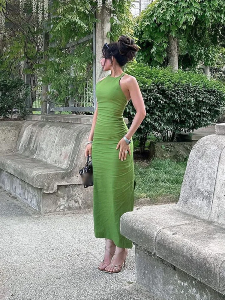 

Women Round Neck Open Back Long Dress Sexy Sleeveless Backless Pleated Back Beading 2023 Summer Women Party Club Beach Vestidos