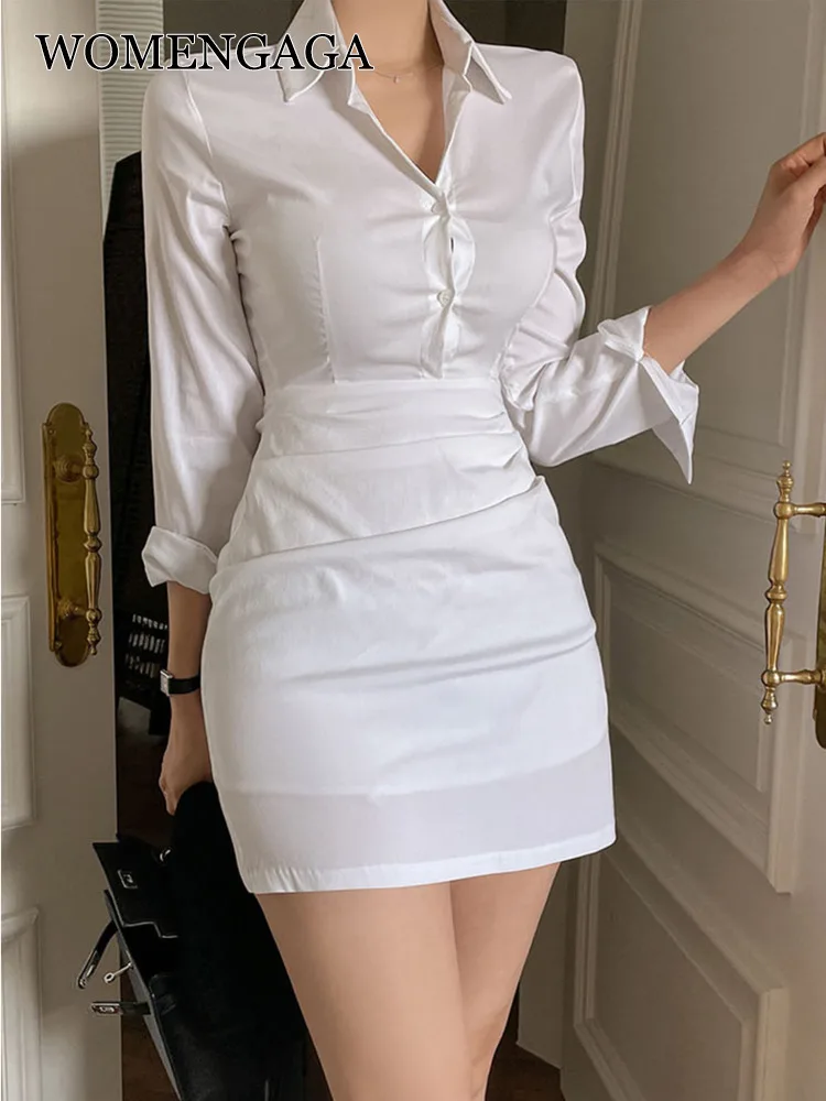 

WOMENGAGA Sexy Polo Elegant White Mini Dress Goddess High Waist Slim Shirt Long Sleeve Tight Hip Dresses OL Sexy Korean 36KD