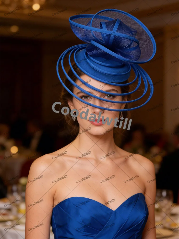 Фото Сетчатая модная шляпа Royal Ascot Fascinator, женские удивительные коктейльные головные уборы, синие дерби, аксессуары для волос в Кентукки, женские вечерние шапки №1