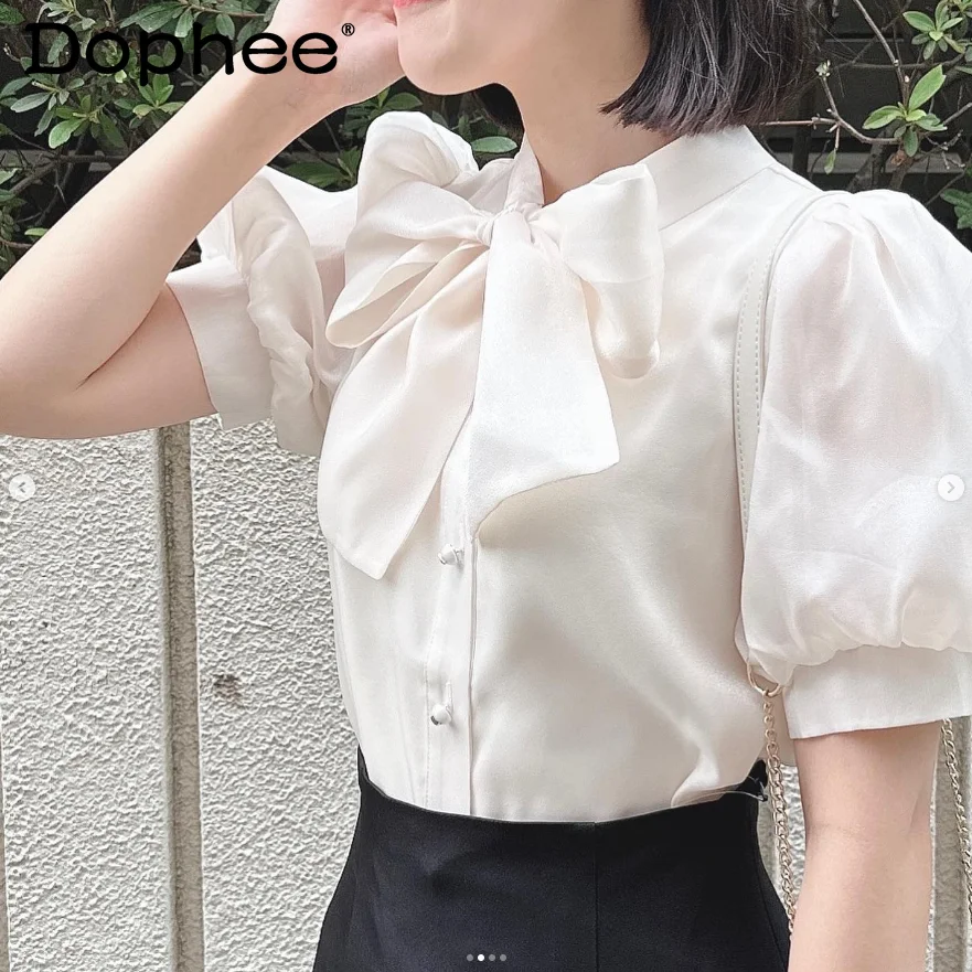 

Japanese Lojita Style New Organza Letter Button Shirt Puff Sleeve Big Bow Blouse Top Single-Breasted Blusas De Mujer Y2k Shirts