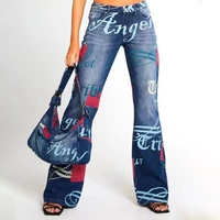 fashion letter pattern jeans women blue vintage streetwear denim trousers wide leg pants lady denim flared 2021 casual pants